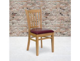 Vertical Slat Back Natural Wood Restaurant Chair - Burgundy Vinyl Seat
