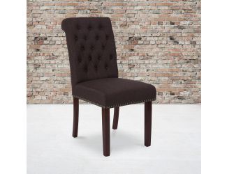 Brown Fabric Parsons Chair with Rolled Back, Accent Nail Trim and Walnut Finish