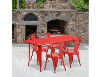 31.5" x 63" Rectangular Red Metal Indoor-Outdoor Table Set with 4 Stack Chairs
