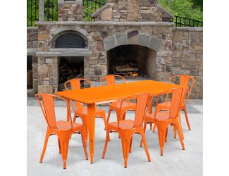 31.5" x 63" Rectangular Orange Metal Indoor-Outdoor Table Set w/ 6 Stack Chairs