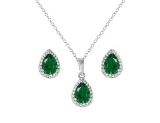 PARIKHS Rhodium Plated Pear Shapped Emerald May Birthstone Set in 925 Sterling Silver