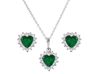 PARIKHS Rhodium Plated Green Heart Cluster Necklace-Earring Set in 925 Sterling Silver