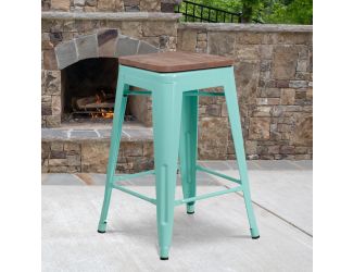 24" High Backless Mint Green Counter Height Stool with Square Wood Seat
