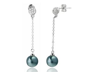 PARIKHS Rhodium Plated Half Ball CZ and Dangling Synthetic Grey Pearl Earring in 925 Sterling Silver