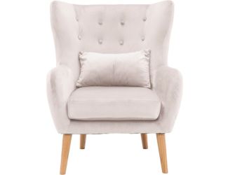 Faux Velvet Wingback Accent Chair with Lumbar Pillow and Wooden Legs, Cream White