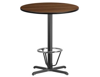 36" Round Walnut Laminate Table Top & 30"x 30" Bar Height Base with Foot Ring