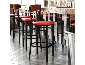 Commercial Metal Barstool with Vinyl Seat and Wood Boomerang Back-Red/Walnut