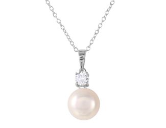 PARIKHS Rhodium Plated Round CZ with Dangling Pearl Necklace in 925 Sterling Silver