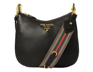 Prada Black Vitello Phenix Leather Web Stripe Strap Crossbody