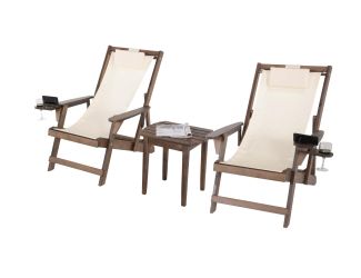 Romantic Collection - 2 Canvas Sling Chairs w/Beverage Holder & 1 End Table - Dark Brown, Beige