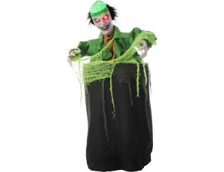 Animatronic Thrashing Zombie in a Barrel with Light-Up Brain and Eyes for Scary Halloween Decoration