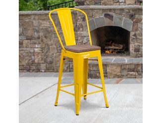 24" High Yellow Metal Counter Height Stool with Back and Wood Seat