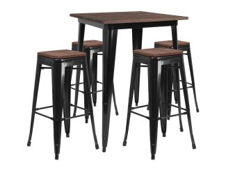 31.5" Square Black Metal Bar Table Set with Wood Top and 4 Backless Stools