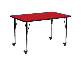 Mobile 30"W x 72"L Rectangular Red HP Laminate Adjustable Activity Table