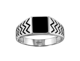 PARIKHS Men's Rhodium Plated Black Enamel Zig Zag Design Shank Ring in 925 Sterling Silver - 10