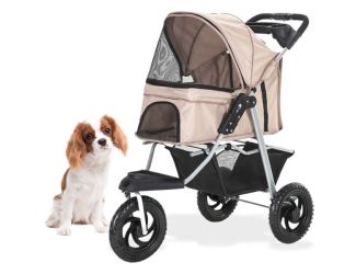 Single 3 Wheel Jogging Pet Stroller for Pets 55 Lbs. and Under with Storage Basket, Tan