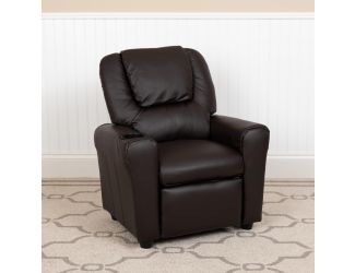 Contemporary Brown LeatherSoft Kids Recliner with Cup Holder and Headrest