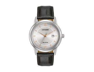 Men's Eco-Drive Watch, Stainless Steel with Black Leather Strap & Rose Gold Accents