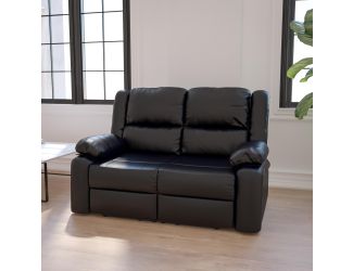 Contemporary Black LeatherSoft Loveseat w/Two Built-In Recliners - Padded Arms