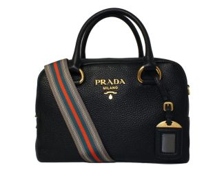 Prada Vitello Phenix Black Leather Web Stripe Crossbody Satchel Bag