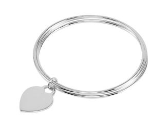 Sterling Silver Triple Bangle 8" Bracelet with Heart Dangle