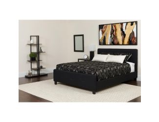 Queen Size Three Button Tufted Upholstered Platform Bed in Black Fabric