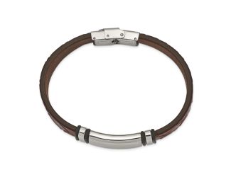 Stainless Steel Polished Brown Faux Leather w/ Black Rubber ID Bracelet
