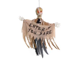Animatronic Skeleton Mummy Greeter with Banner and Folding Door Hook for Scary Halloween Decoration