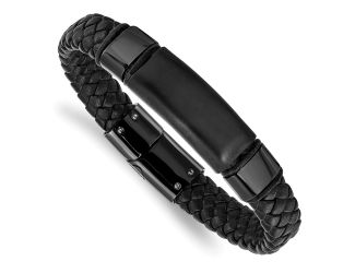 Stainless Steel Brushed & Polished Black IP-plated Braided Leather Bracelet