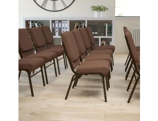 18.5"W Church Chair in Brown Fabric with Book Rack - Gold Vein Frame