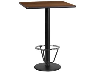 24" Square Walnut Laminate Table Top & 18" Round Bar Height Base with Foot Ring