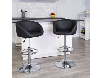 Black Vinyl Adjustable Height Barstool with Barrel Back and Chrome Base