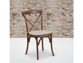 Stackable Pecan Wood Cross Back Chair with Cushion - Dining Room Seating