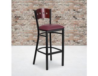 Black 4 Square Back Metal Barstool - Mahogany Wood Back, Burgundy Vinyl Seat