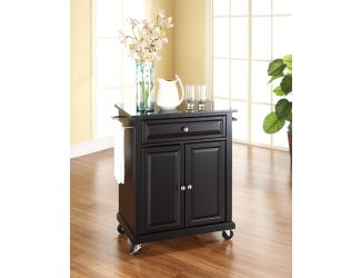 Black Granite Top Portable Kitchen Cart in Black Finish