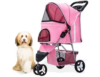 Single 3 Wheel Jogging Pet Stroller for Pets 33 Lbs. and Under with Storage Basket, Pink