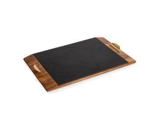 Covina Serving Tray - Acacia Wood & Slate Black with Gold Accents