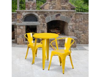24" Round Yellow Metal Indoor-Outdoor Table Set with 2 Arm Chairs - Patio Set
