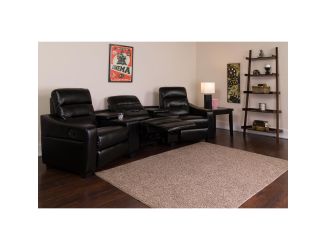 3-Seat Reclining Black LeatherSoft Tufted Bustle Back Seating Unit w/Cup Holders