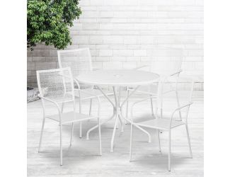 35.25" Round White Indoor-Outdoor Steel Patio Table Set w/ 4 Square Back Chairs