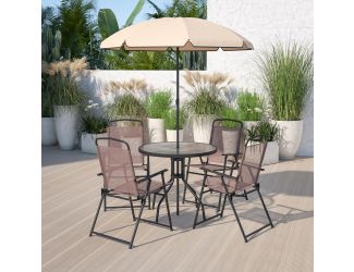 6 Piece Brown Patio Garden Set with Umbrella Table and Set of 4 Folding Chairs