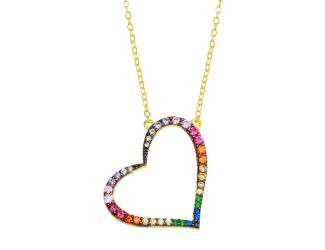 PARIKHS Gold Plated Multi Color CZ Slanted Heart Pendant Necklace in 925 Sterling Silver