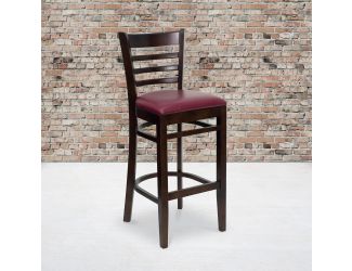 Ladder Back Walnut Wood Restaurant Barstool - Burgundy Vinyl Seat
