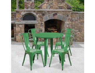 30" Round Green Metal Indoor-Outdoor Table Set with 4 Cafe Chairs