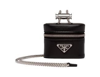 Prada Triangle Saffiano Black Leather Mini Airpods Case with Chain