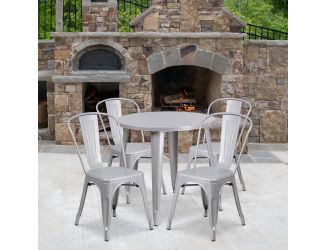 30" Round Silver Metal Indoor-Outdoor Table Set with 4 Cafe Chairs