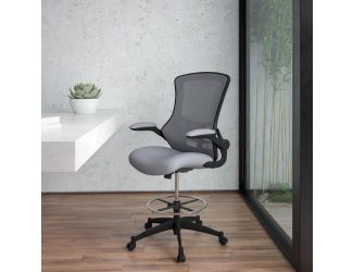 Mid-Back Dark Gray Mesh Ergonomic Drafting Chair with Foot Ring and Flip-Up Arms