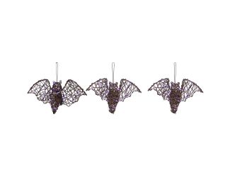 Set of 3 Battery-Operated Rattan Bats with Hanging Loops, Purple Lights, and Timer for Modern Farmho