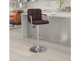 Brown Quilted Vinyl Adjustable Height Barstool with Arms and Chrome Base