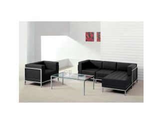 5 Piece Black LeatherSoft Modular Sectional & Chair - Stainless Steel Legs